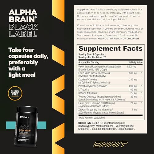 ONNIT Alpha Brain Black Label Capsule (80ct) Premium Citicoline Brain Supplement - Focus, Concentration & Memory - Lion's Mane, Hericium Erinaceus, L Theanine & Mucuna Pruriens