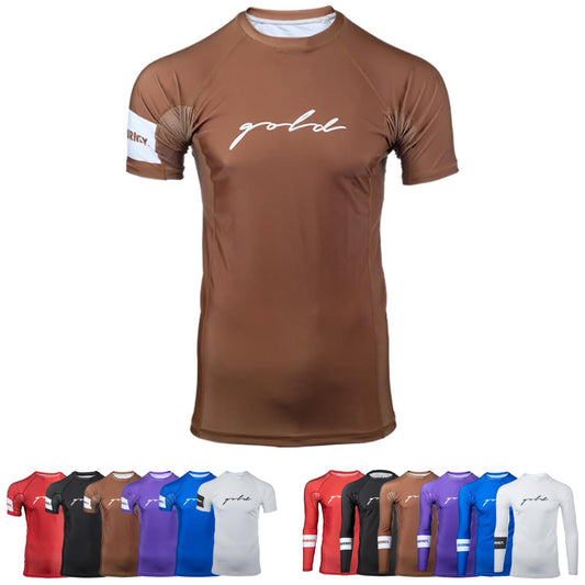 Gold BJJ Foundation Short Sleeve Rash Guard - Brown