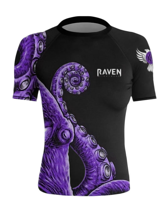 Raven Fightwear Women's Kraken Octopus Short Sleeve Rash Guard - Black/Purple