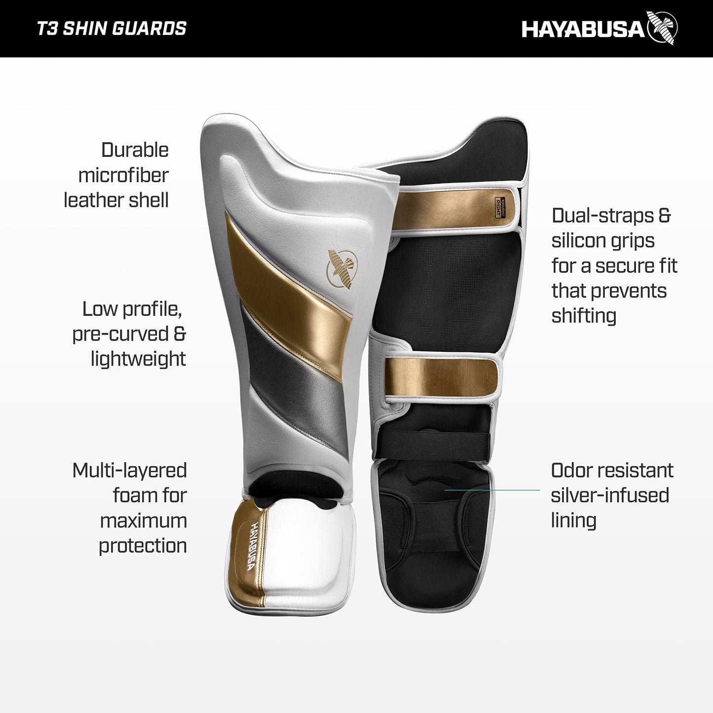 Hayabusa T3 Striking Shinguards - White/Gold