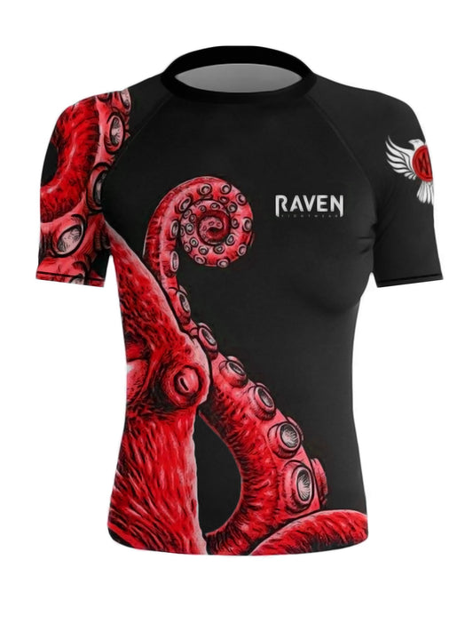 Raven Fightwear Women's Kraken Octopus Short Sleeve Rash Guard - Black/Red