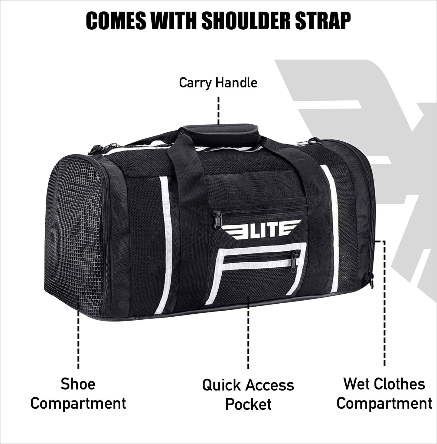 Elite Sports Gym Duffle Bag for MMA, BJJ, Boxing Gear Bag - Black