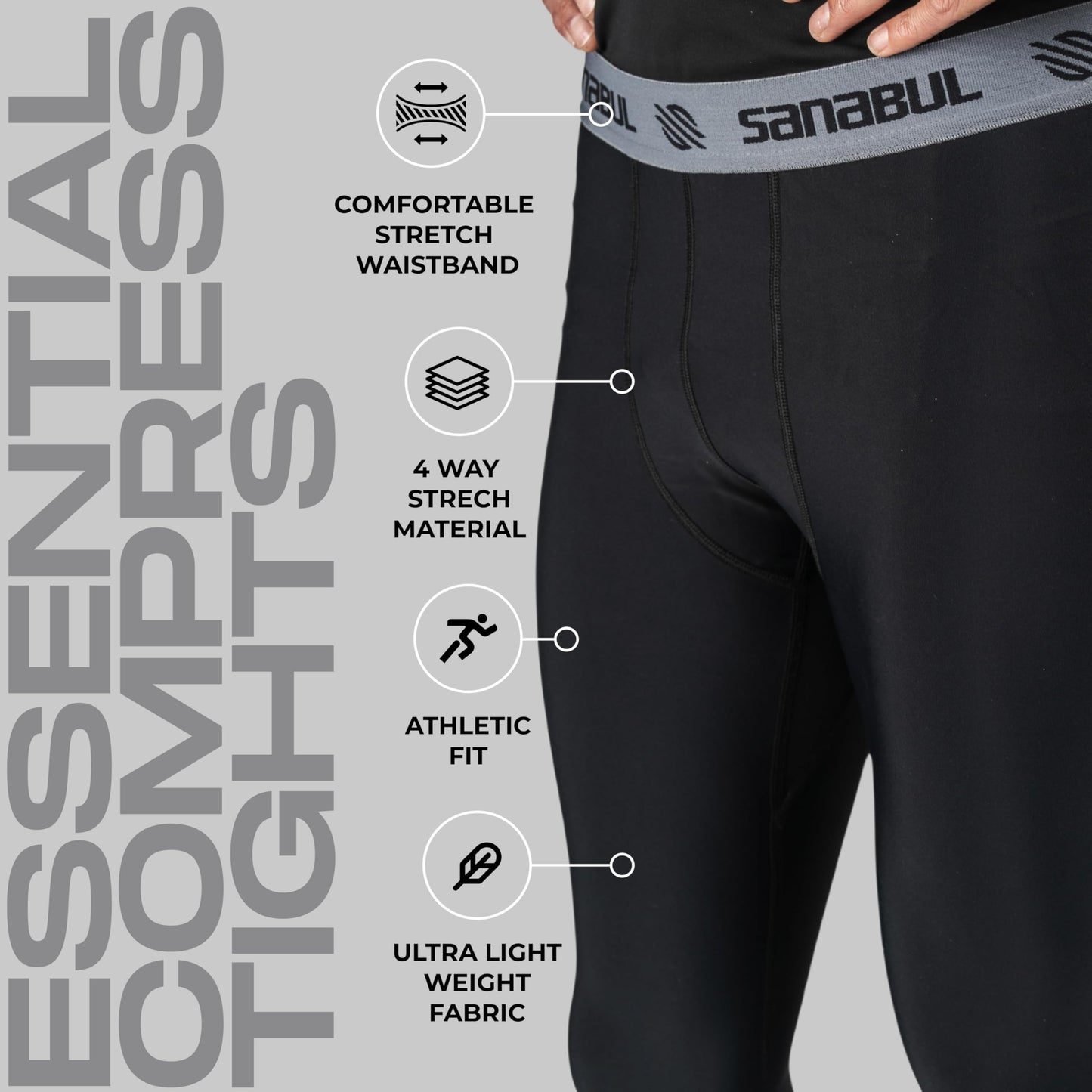 Sanabul Essential Compression Tights Men No Gi Jiu Jitsu Spats - Black