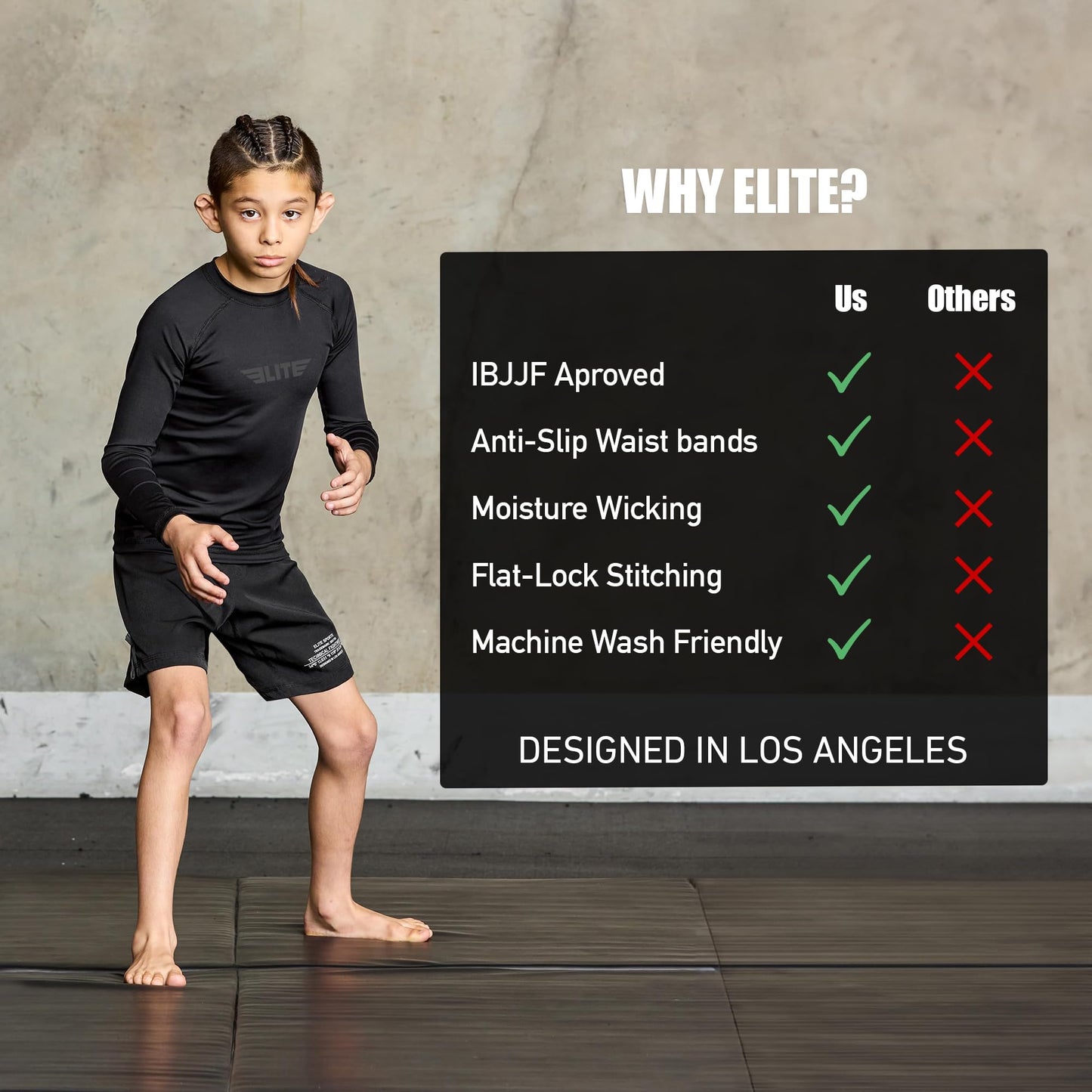 Elite Sports Long Sleeve Compression Shirt for Kids | Youth Boys & Girls BJJ MMA