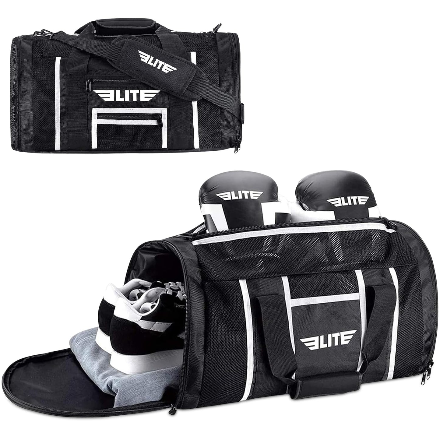 Elite Sports Gym Duffle Bag for MMA, BJJ, Boxing Gear Bag - Black