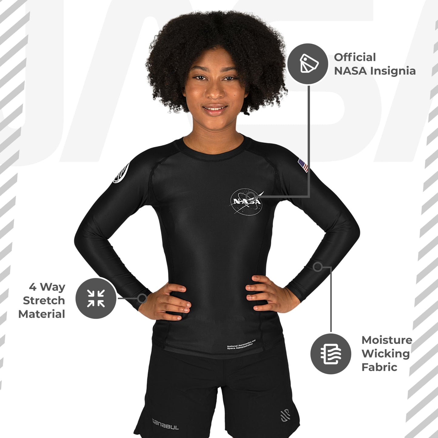 Sanabul Kids NASA Long Sleeve Compression Rash Guard - Black/White