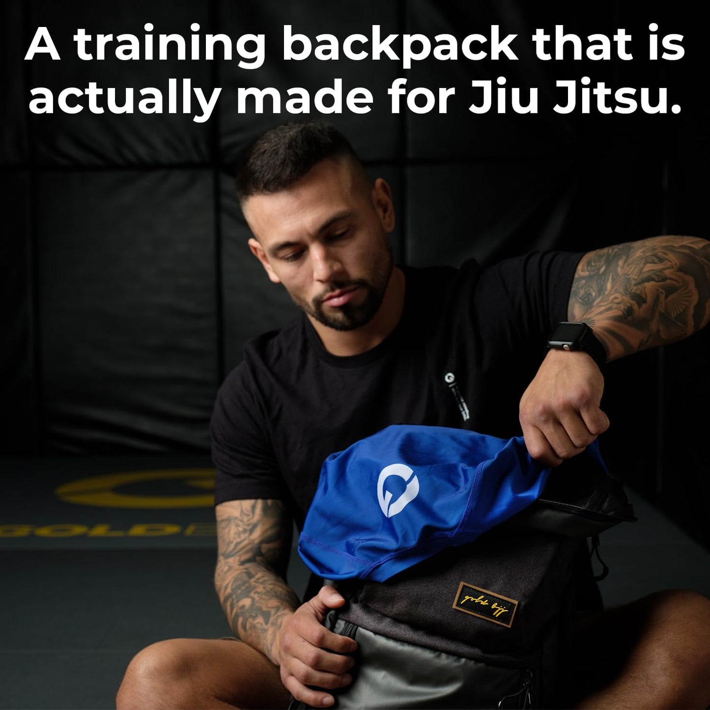 Gold BJJ Jiu Jitsu Backpack / Heavy Duty Gym Bag with Waterproof Gi Pocket - Black