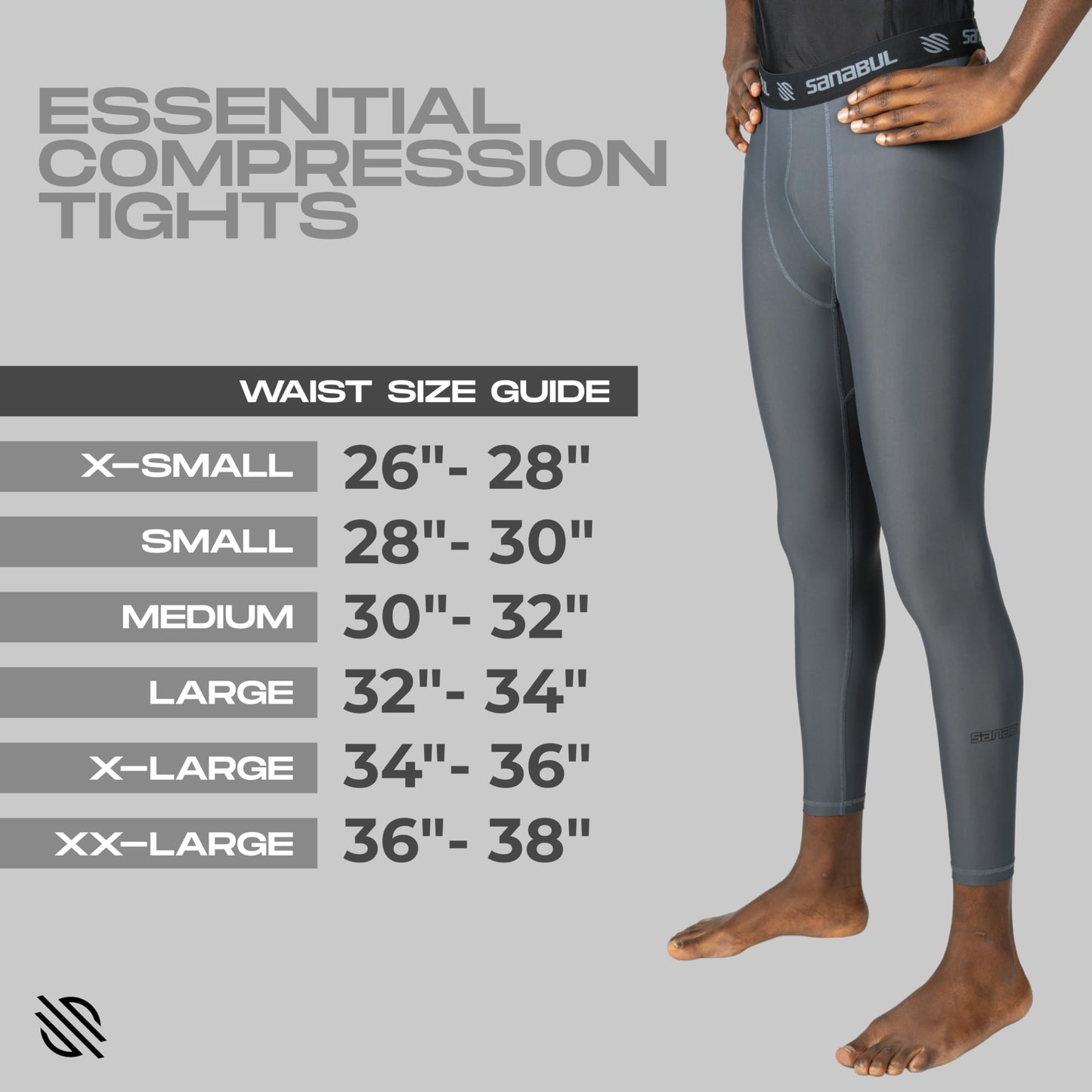 Sanabul Essential Compression Tights Men No Gi Jiu Jitsu Spats - Steel Grey