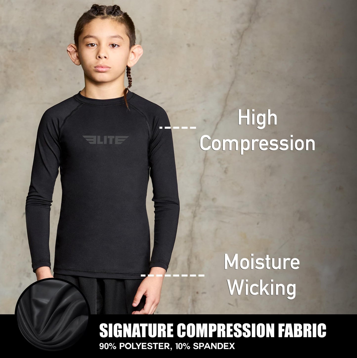 Elite Sports Long Sleeve Compression Shirt for Kids | Youth Boys & Girls BJJ MMA