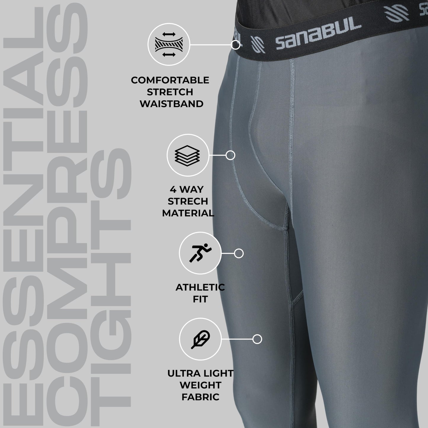 Sanabul Essential Compression Tights Men No Gi Jiu Jitsu Spats - Steel Grey