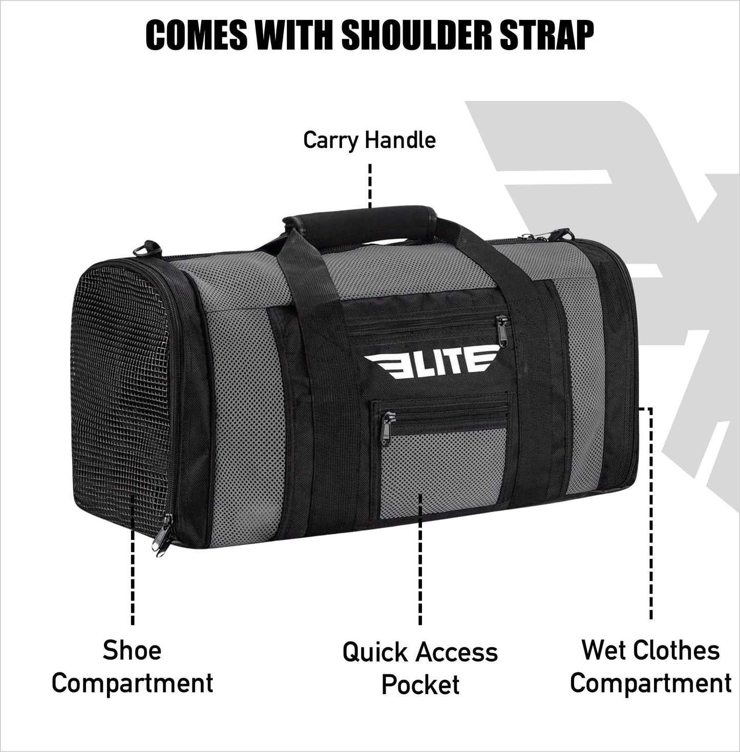 Elite Sports Gym Duffle Bag for MMA, BJJ, Boxing Gear Bag - Gray