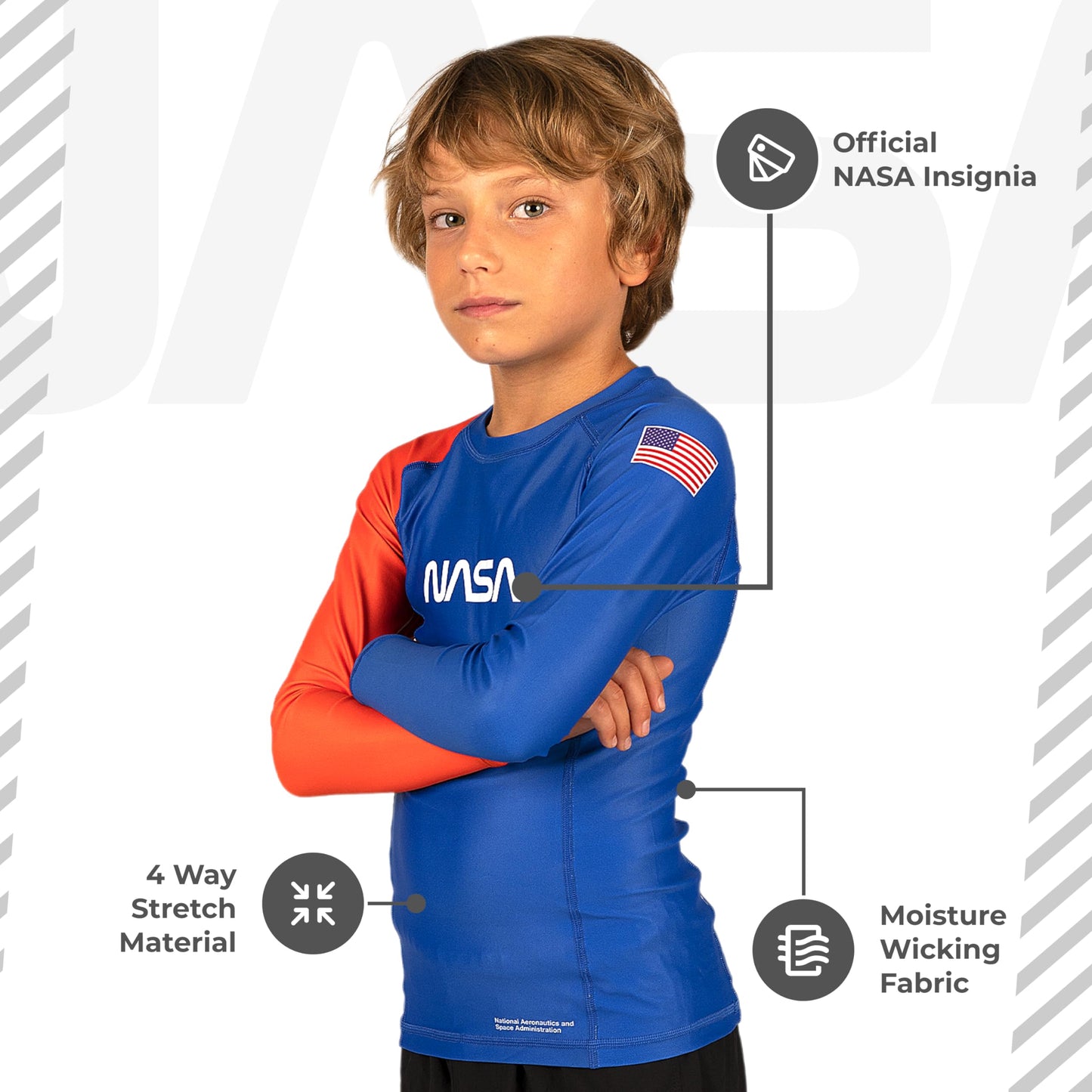 Sanabul Kids NASA Long Sleeve Compression Rash Guard - Blue/Orange