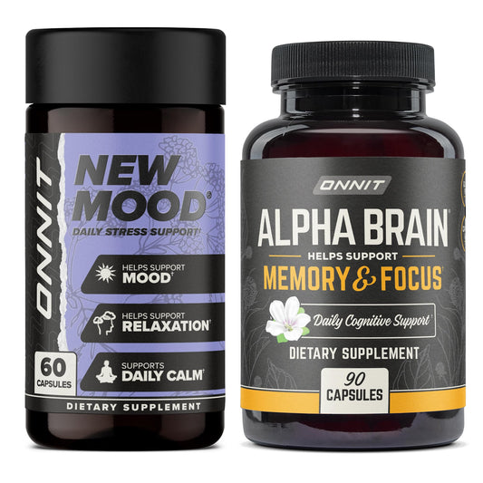 ONNIT Premium Alpha Brain Bundle - Nootropic Brain Supplement (90 Count) for Focus, Concentration & Memory + New Mood Supplement for Stress Relief, Sleep and Mood (60 Count)