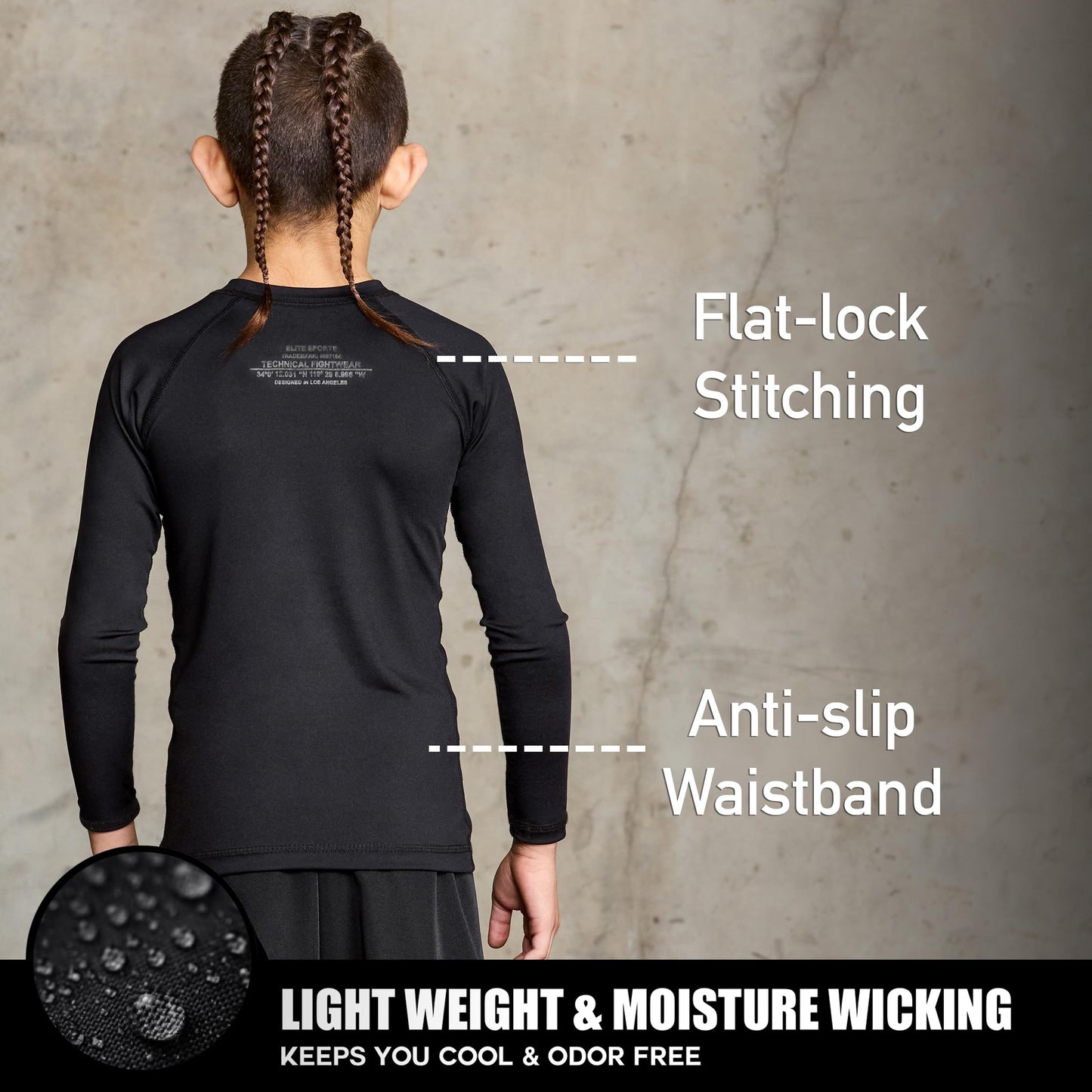 Elite Sports Long Sleeve Compression Shirt for Kids | Youth Boys & Girls BJJ MMA